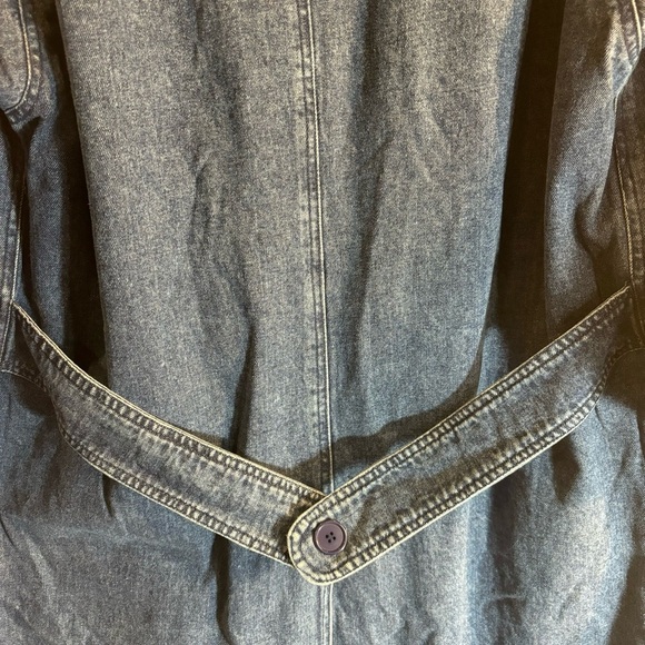 DENIM JEAN COAT Sz XL Lined Contrasting Stripe Pockets 100% Cotton Shoulder Pads - Picture 10 of 10